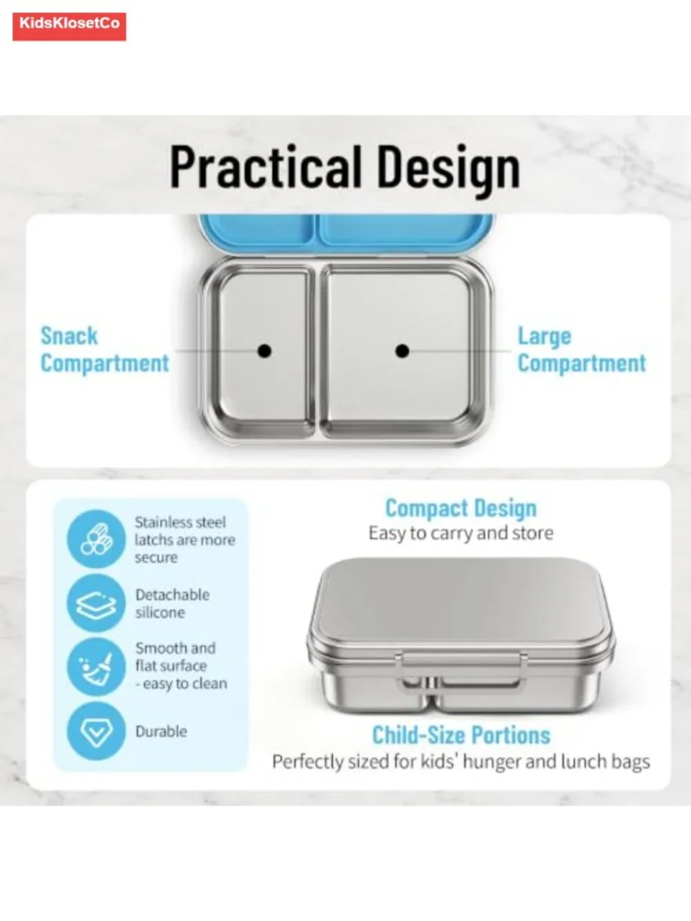 304 Stainless Steel 2-Compartment Bento Lunch Box with Leak-Resistant Silicone